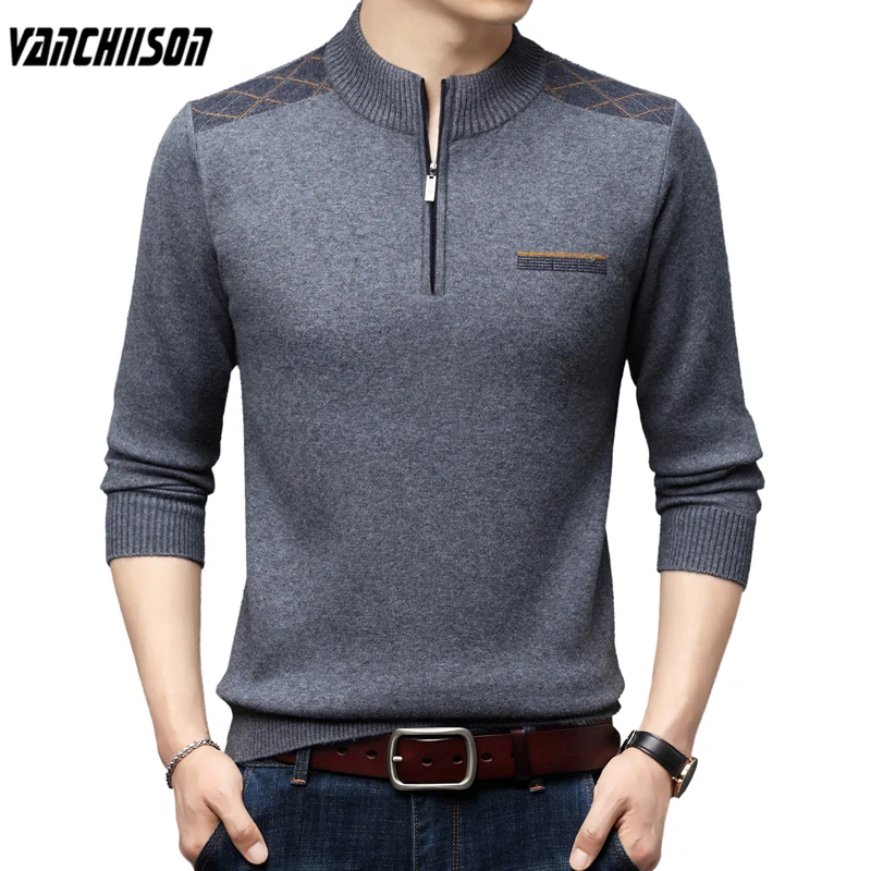 

Men Vintage Sweater Pullover Knit Jumpers Tops Zipper Stand Collar Thick for Autumn Winter Solid Male Fashion Clothing 00387