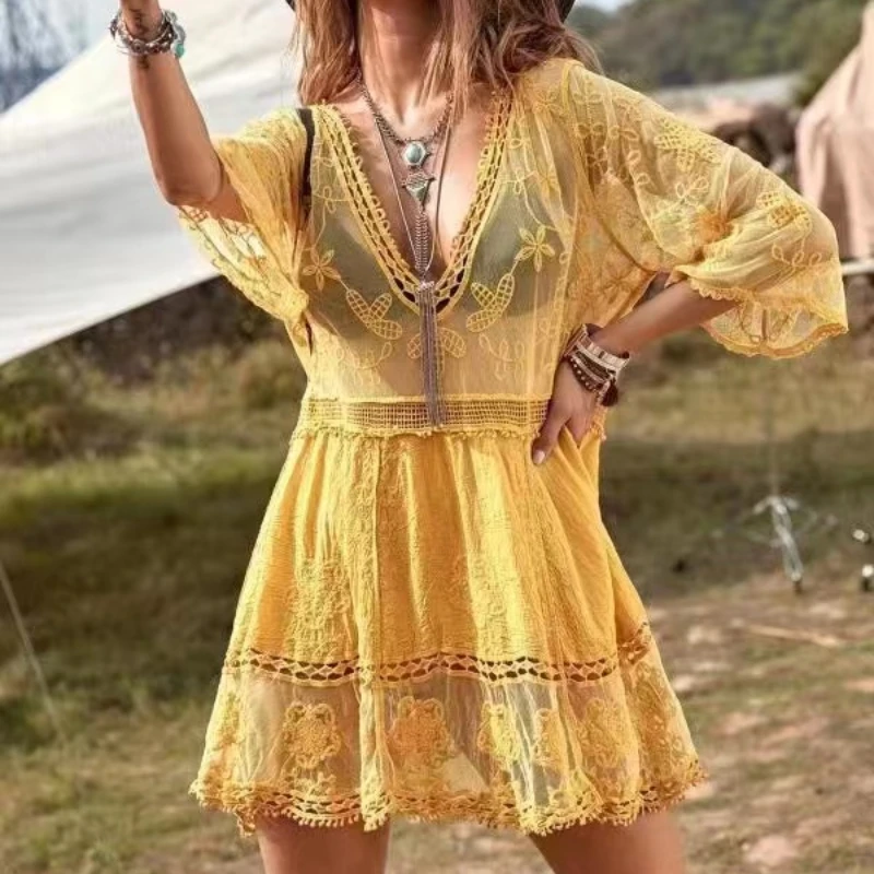 2024 Summer Women Swimsuits Sexy V-neck Lace Beach Bikini Cover Ups Female Boho Casual Beach Dress Crochet Hollow Out Beachwear