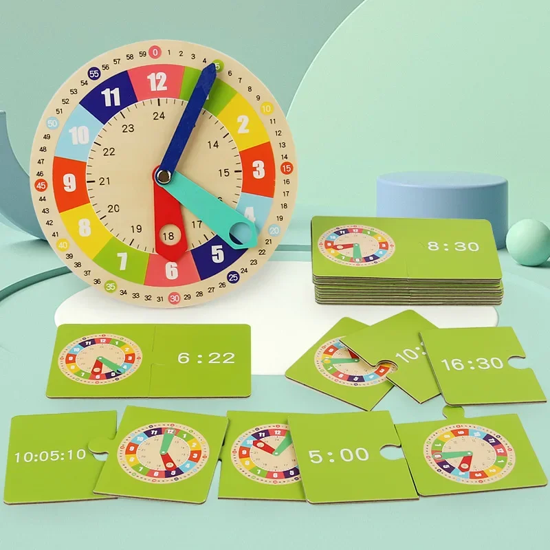 Wooden Clock Model Teaching Aid Montessori Learning Clocks with Cards Kindergartner Toys for School Interaction Playroom Wall 2