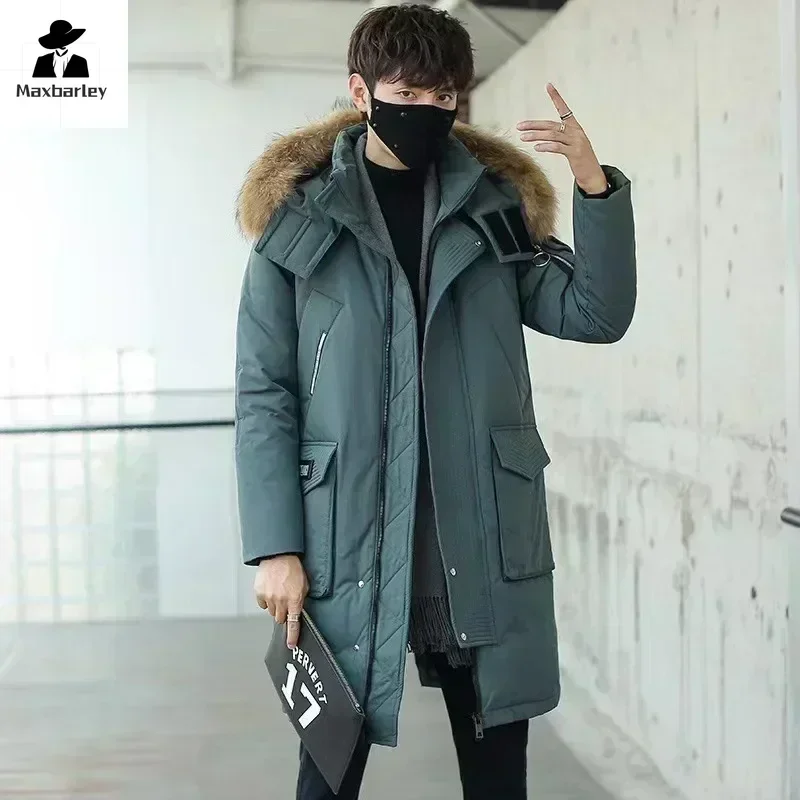Winter Large Collar Men's Parka Down Jacket Men's Mid Length Thickened Warm White Duck Down And Women's Outerwear