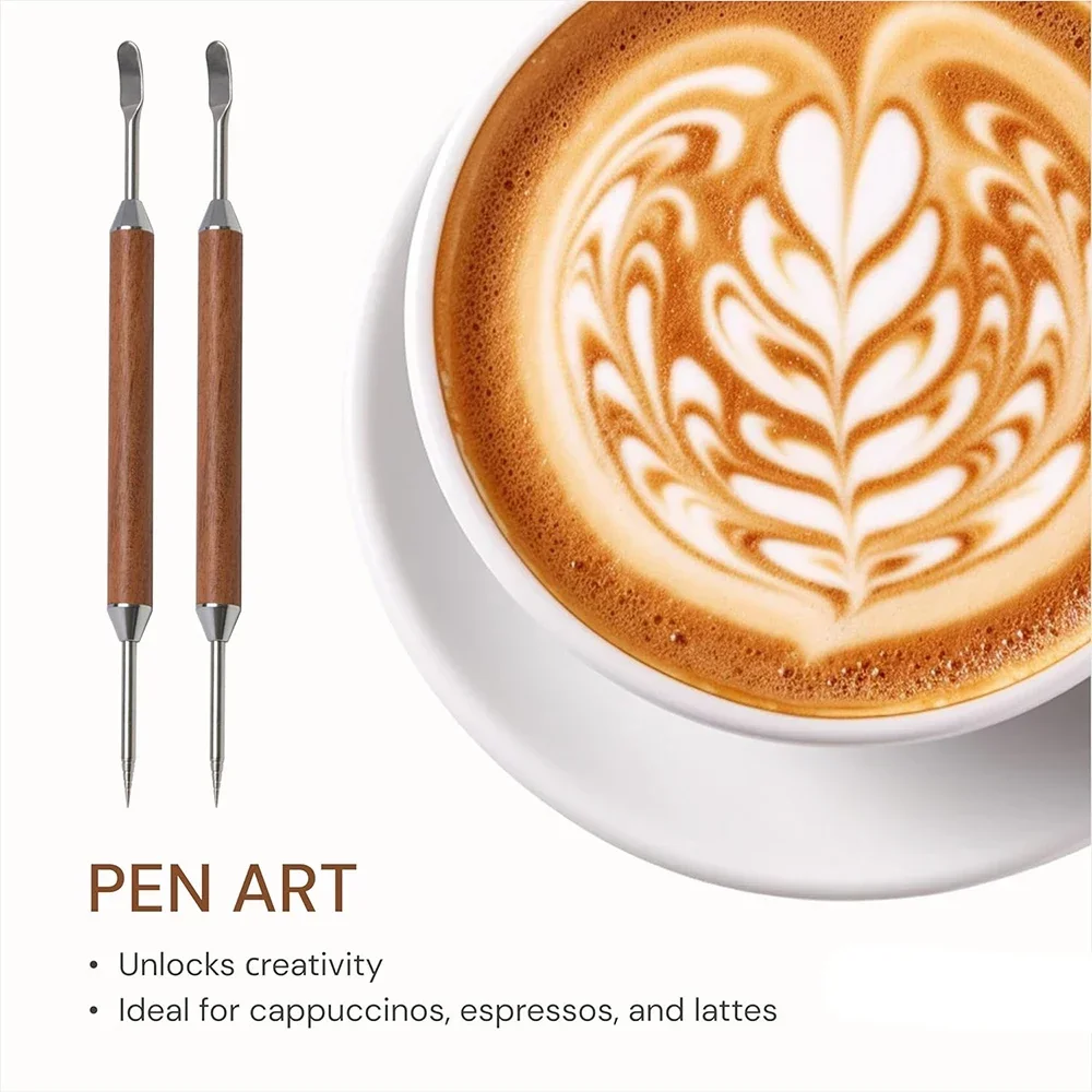 Stainless Steel Coffee Latte Art Pen Stainless Steel Spice Cappuccino Pull Needle Wooden Carving Hook for Floral Design