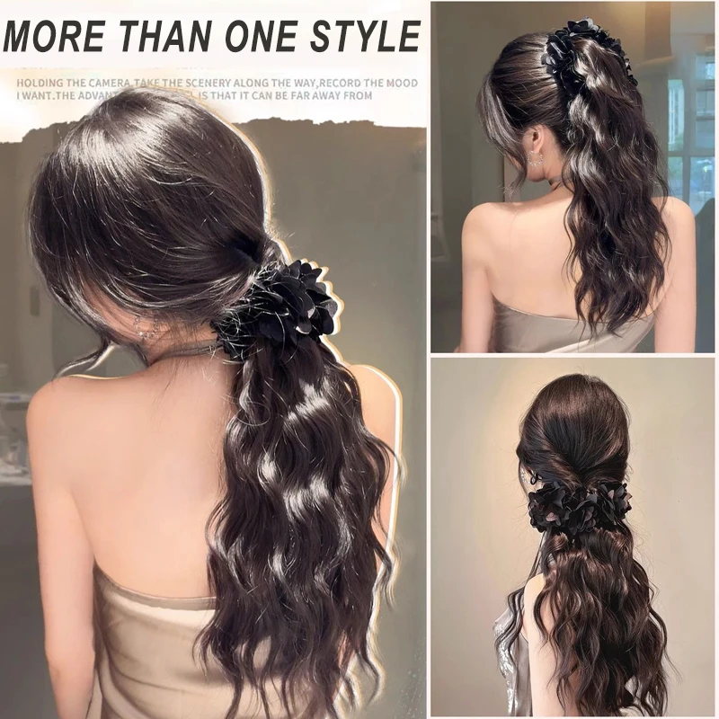 LUPU Synthetic Long Curly Hair Wig with Claw Clip Black Rose Grip Ponytail Holder Fluffy Red Hair Accessory for Women