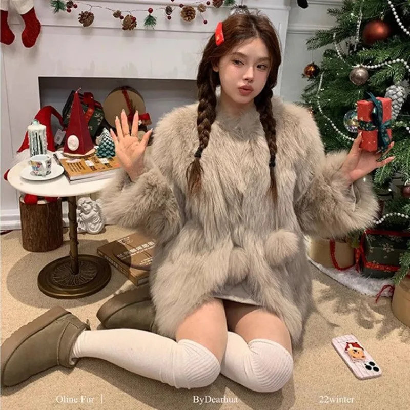 2023 Winter New Fur Coat Women Mid Length Version Faux Fox Hair Slim and Versatile Casual Loose Thick Warm Female Fur Coat