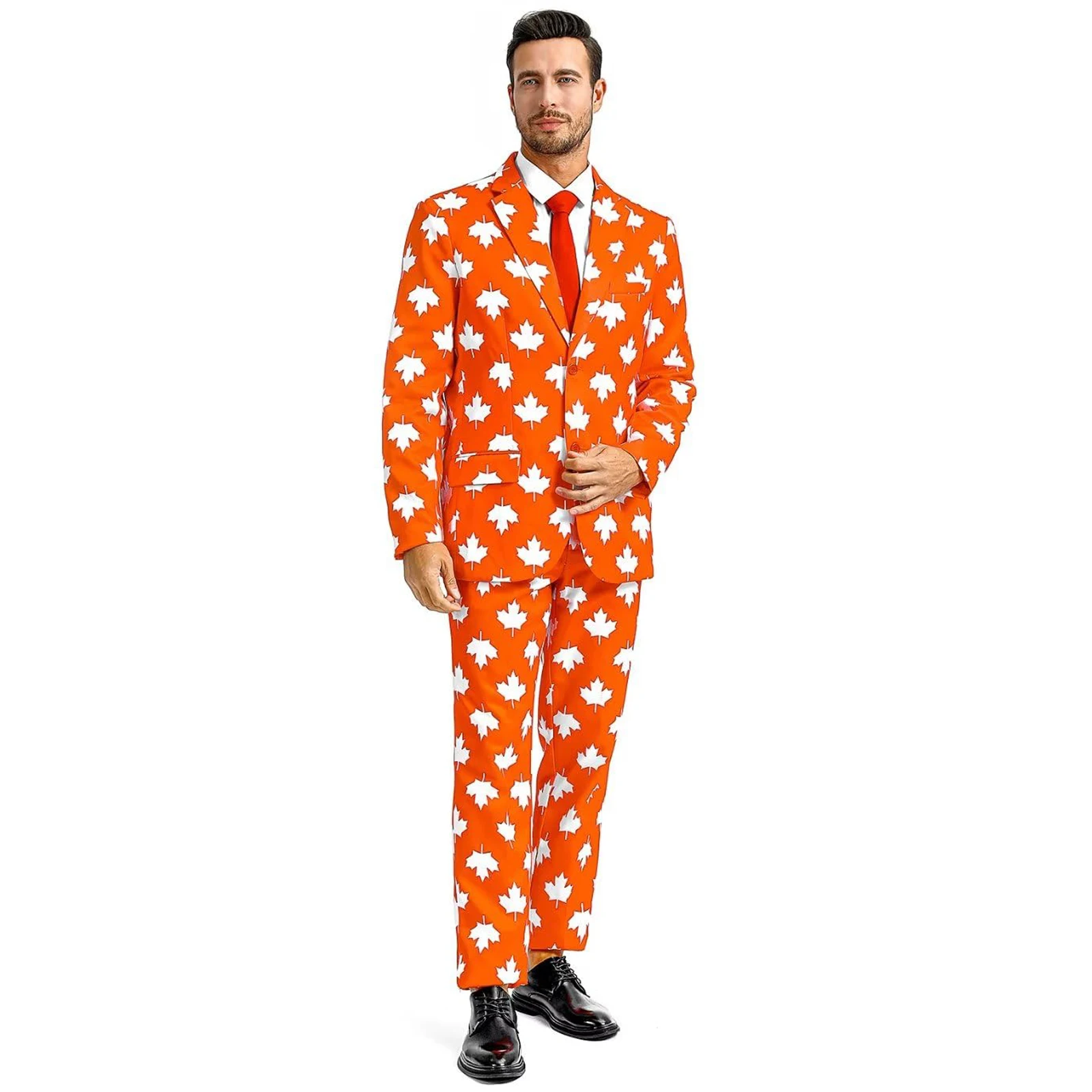 

Suit for Men Costume Adult Maple Leaf Print Jacket Outfit with Tie Pants Set Funny Thanksgiving Blazer 3PCS