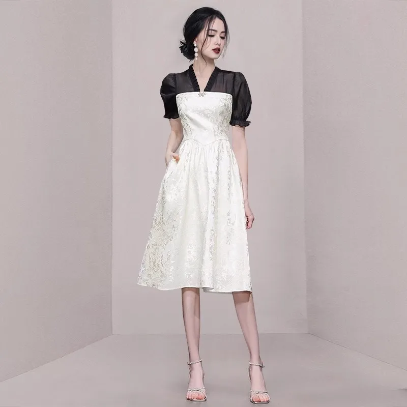 

ZCJDIN 2023 Summer New Temperament Women Fashion Elegant Patchwork Bodycon Jacquard Casual Party Work Dresses