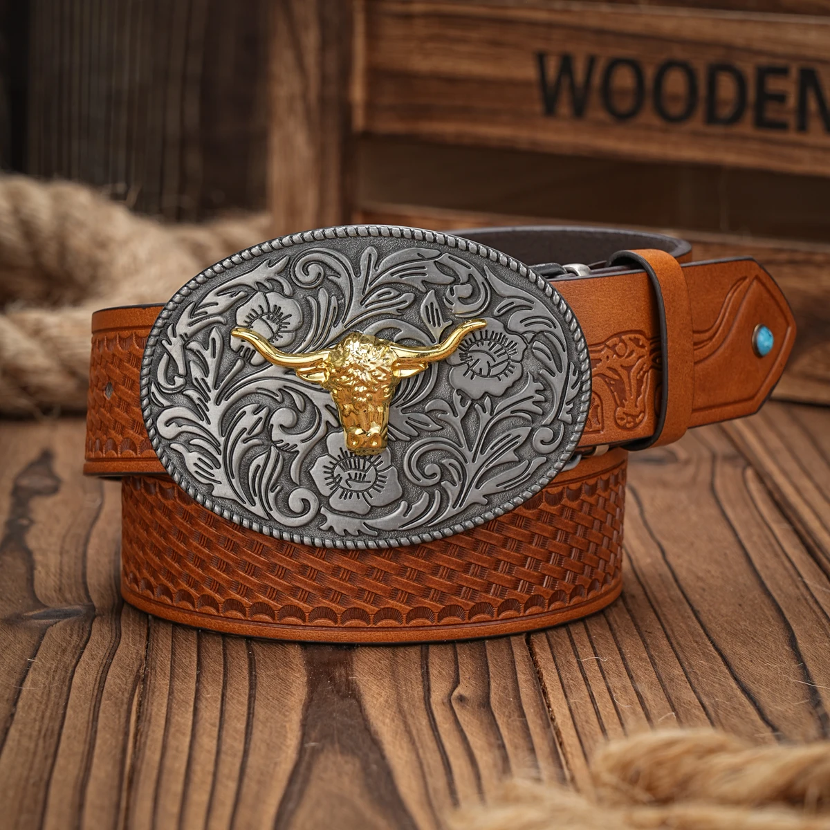 WesternCowboyPULeatherBeltMenWaistStrapBullDecorationFloral