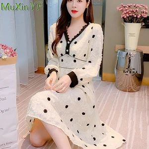 2022 Autumn Winter Women Fashion Black Dot Midi Dress Korean Lady Graceful Joker Lace V-Neck Long Sleeve Dresses Elegant Clothes