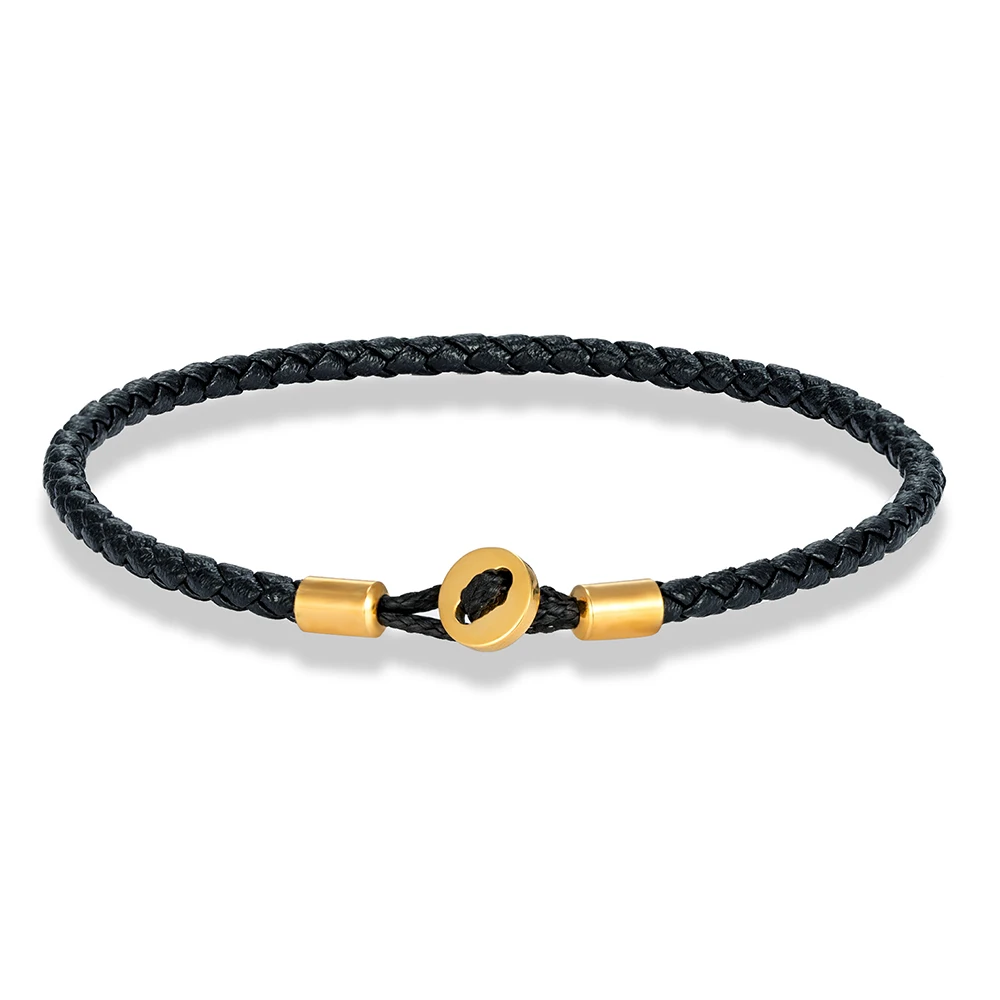 Gold Color Stainless Steel Button Braided Leather Bracelet for Men Women Fashion Couple Jewelry Gifts