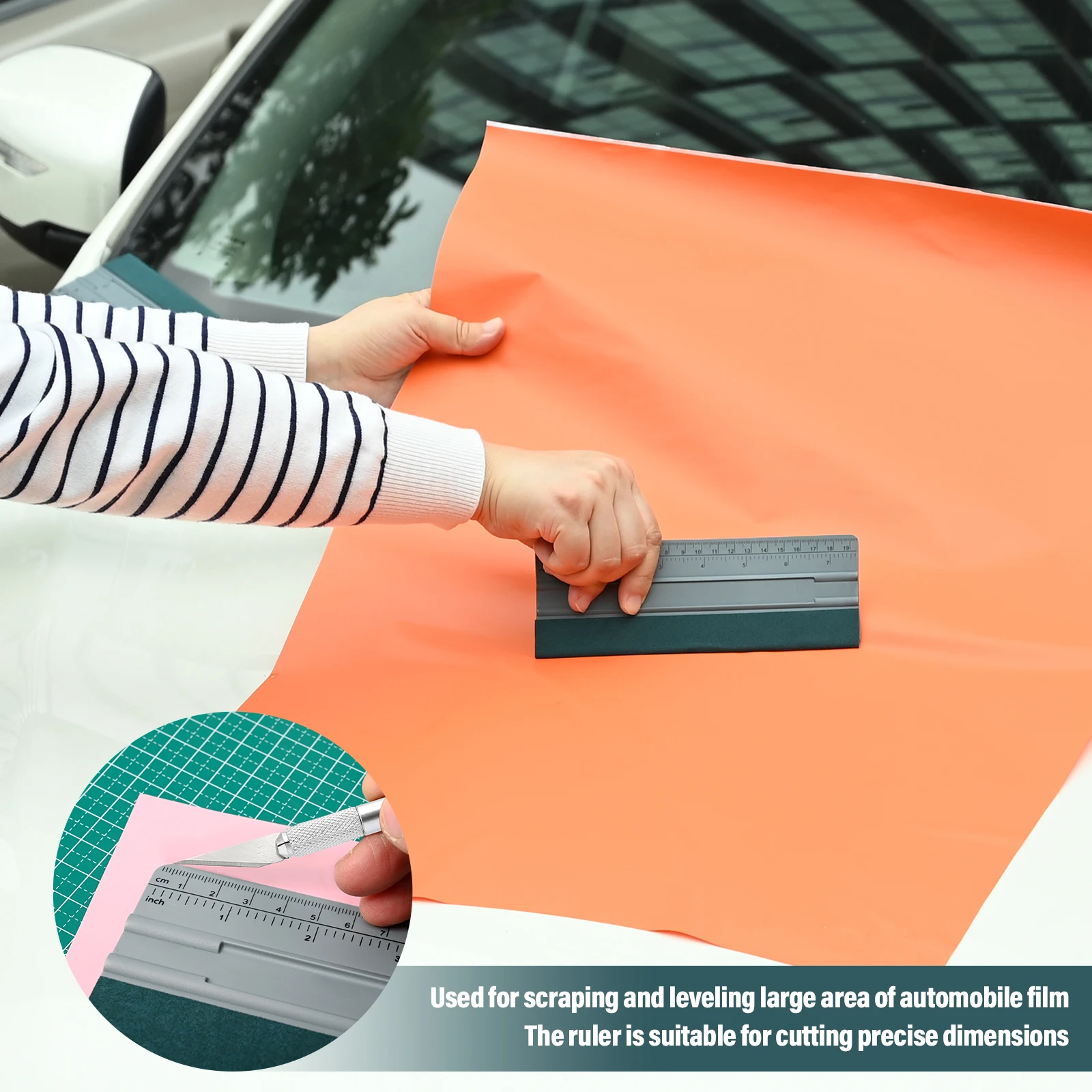 Razor Blade Scraper Car Wrapping Tools Automotive Film Tools Suede Felt Cloth Squeegee with Ruler Vinyl Wrap Car Scraper Graphic Wallpaper Film Install Measuring Tools 6/8/10/12Inch