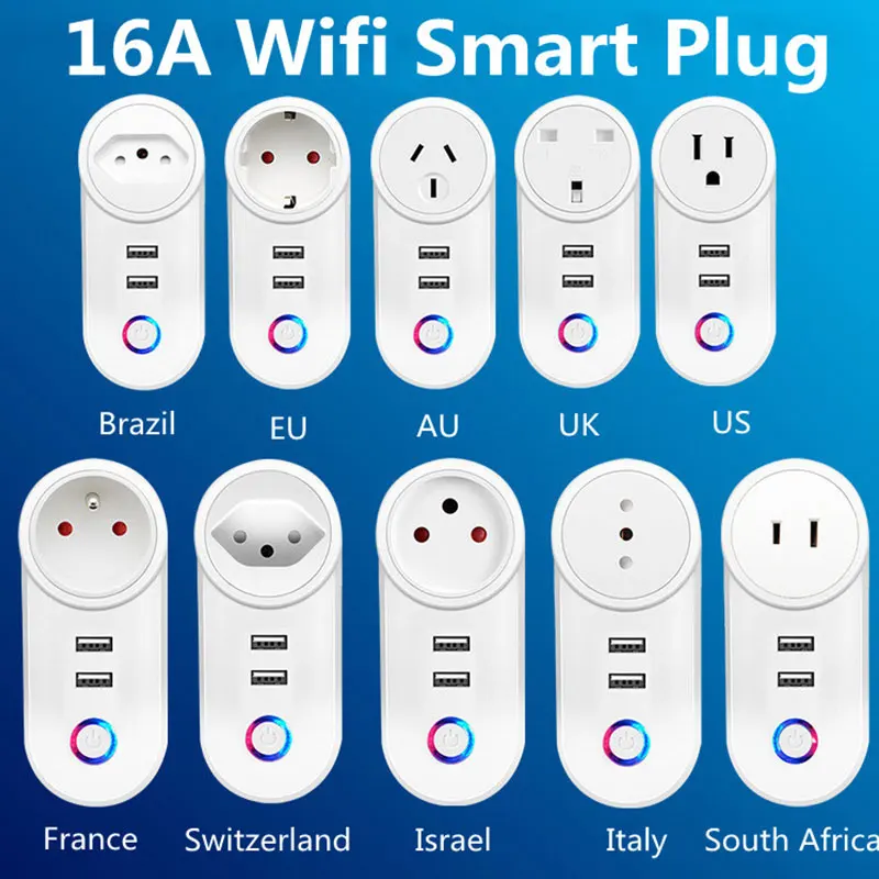 WiFi Smart Plug 16A EU CH IT Brazil Socket + 2.1A Dual USB Charger Tuya Smart Life APP Alexa Google Home Assistant Voice Control