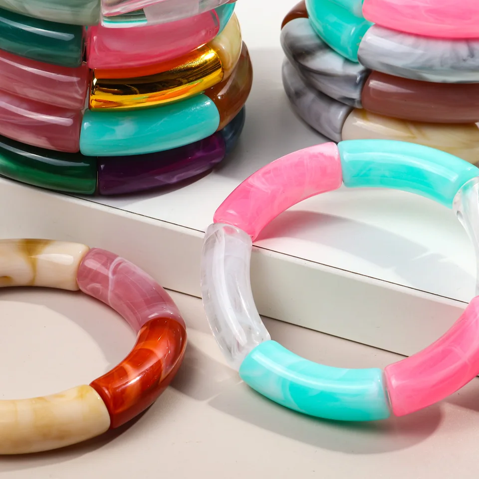 SUPERFINDINGS Set 3 Braccialetti Elasticizzati Con Tubo Di Bambù E Perline Acriliche Colorate - Gioielli Estivi Eleganti Da Impilare