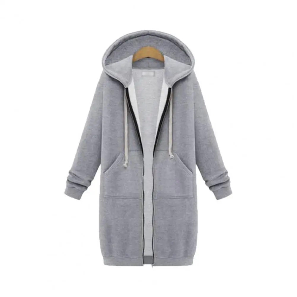 

Long Hooded Sweatshirt Women Pockets Zipper Placket Solid Color Hoodie Stylish Fall Winter Fashion Coat sudaderas de mujeres