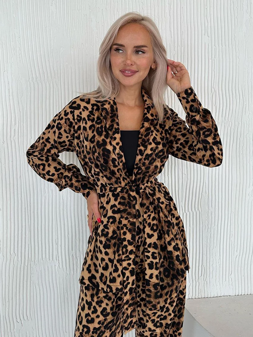 Marthaqiqi Fashion Ladies Nightwear Set Turn-Down Collar Pajama Long Sleeve Nightgowns Pants Leopard Print Female Sleepwear Suit