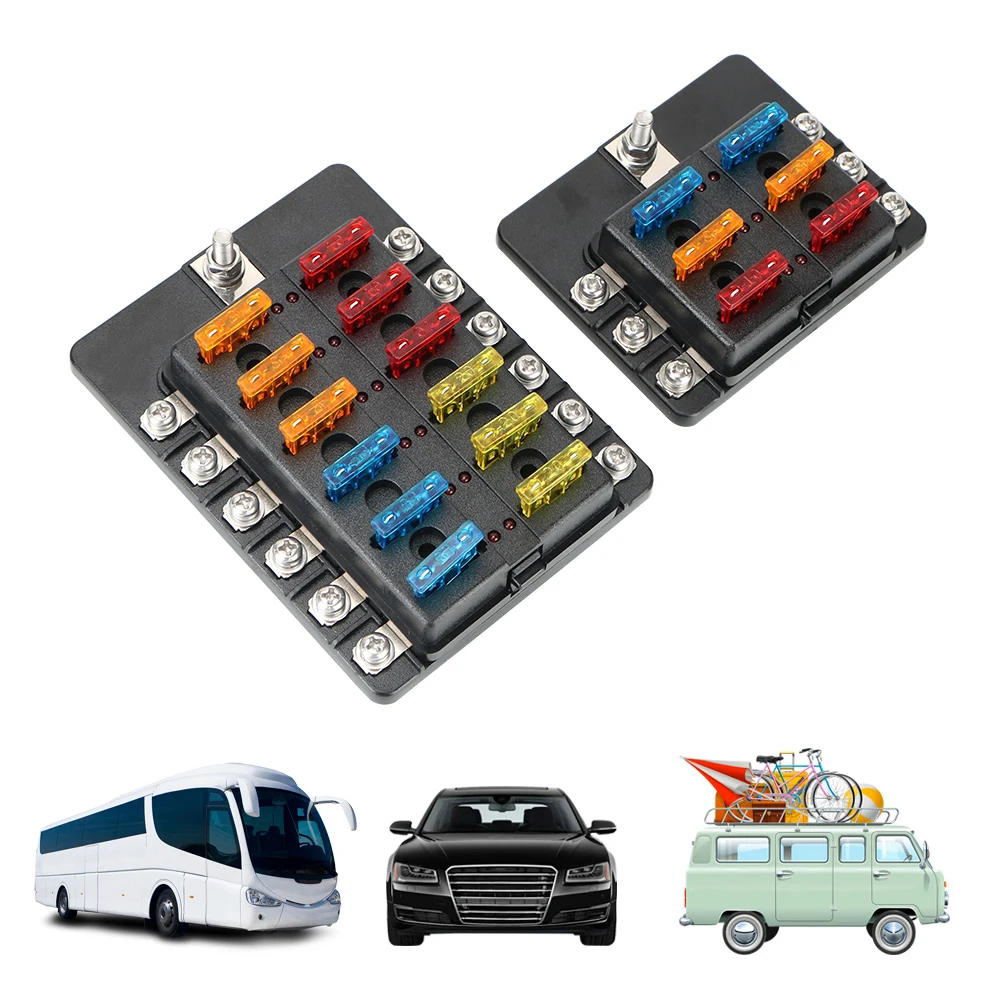 Fuse Box Holder 32V 100A Auto Car Boat Marine Plastic Cover 6 Ways 12 Ways Blade Fuse Block M5 Stud LED Indicator Light