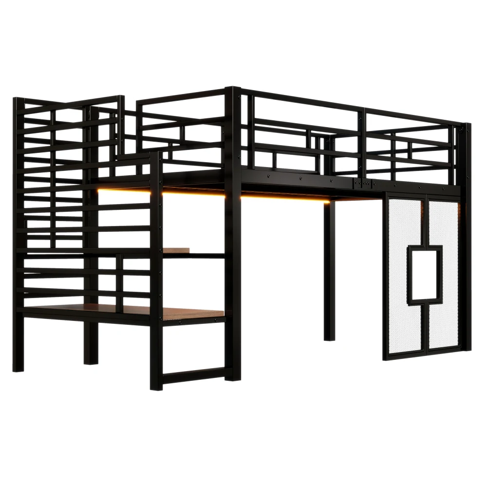 90x200cm Metall-Hochbettgestell mit Treppe, Stauraum, Babybett mit LED-Beleuchtung und Fenstern, Kinder-Etagenbett, Schwarz/Weiß – Detail 12