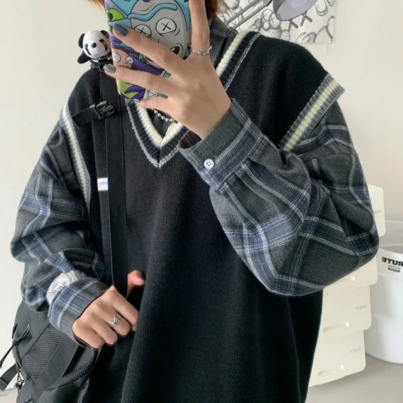 Sweater Vest Men V-neck Shrug Patchwork Knitted Couples Ins Plus Size 3XL Oversize Harajuku Vests Chic Korean Style Leisure