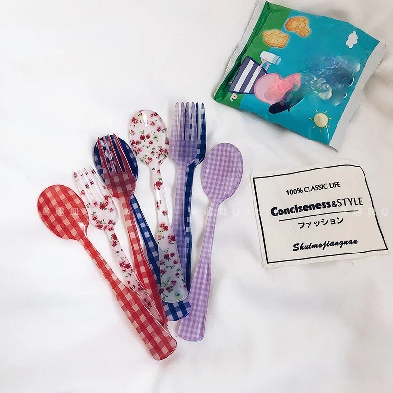한국 일본 인스 플라스틱 포크 스푼, 스트라이프 격자 깨진 아크릴 포크 스푼, 시뮬레이션 식기, 플라스틱 사진 소품