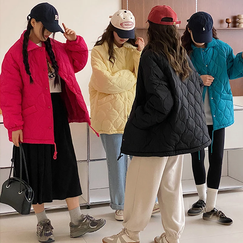 

Autumn Winter Women's Lambhair parkas Retro Dopamine colored Rhombic lattice Down Cotton Coat Women oversized Long Sleeve jacket