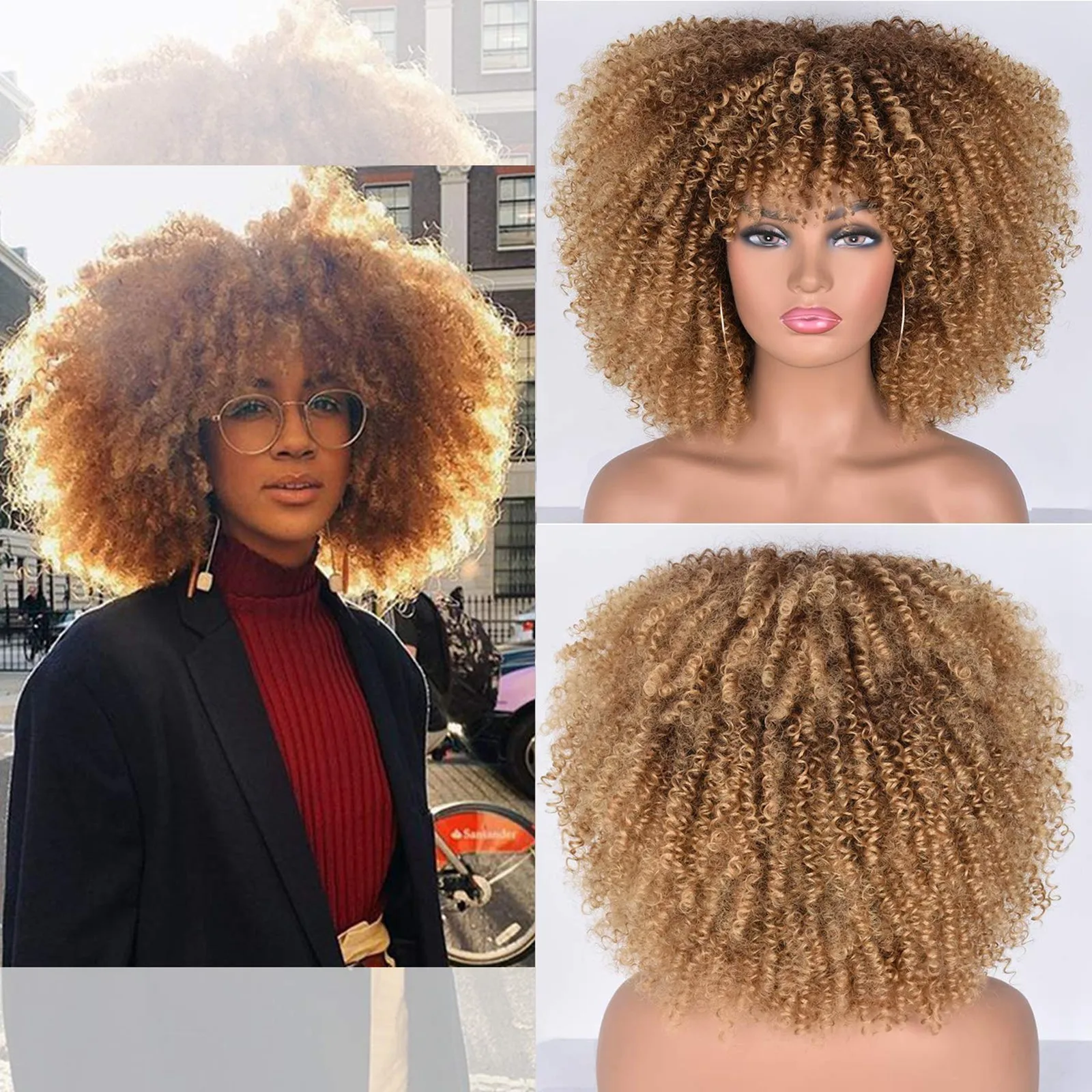 

African Curly Wig Human Hair Wigs With Bangs Short Pixie Jerry Curly Lace Front Wig Highlight Honey Brown Colored Wigs