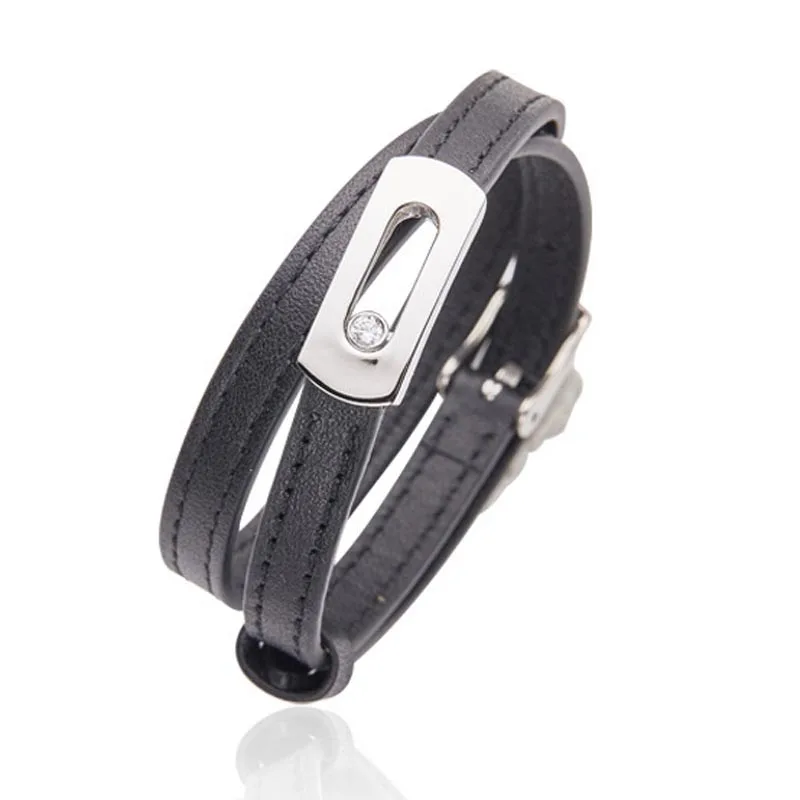 

Lucky sliding solitaire diamond double layer long adjustable leather Bracelet
