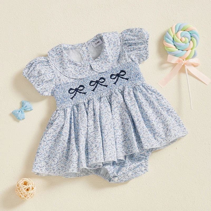 Newborn Baby Girl Summer Outfits Bow Embroidery Smocked Romper Dress Floral Short Sleeve Bodysuit Jumpsuit Clothes 2
