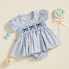 Newborn Baby Girl Summer Outfits Bow Embroidery Smocked Romper Dress Floral Short Sleeve Bodysuit Jumpsuit Clothes 2