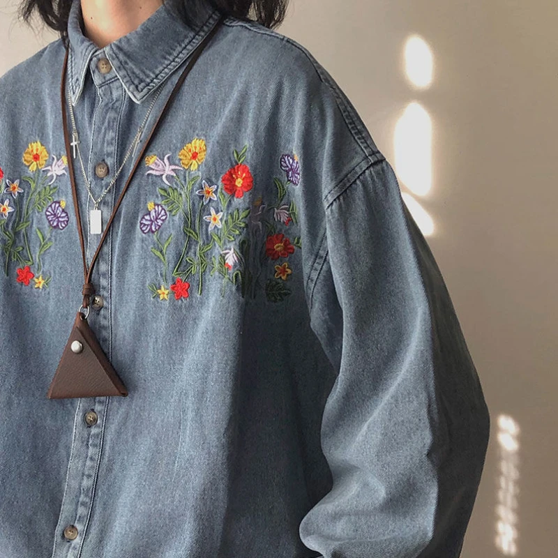 

EBAIHUI Retro Shirt for Women Embroidered Denim Ladies Blouse Spring Light Loose Design Blusas Layered Coat Long Sleeve Tops