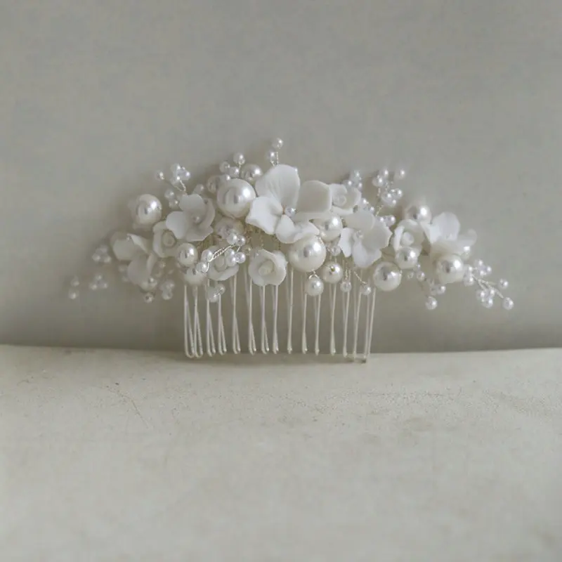 수제 세라믹 꽃 진주 쉘 헤어 빗 신부 헤드피스, 심플하고 아름다운 웨딩 티아라, 여성용 액세서리