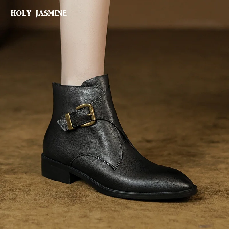 

2022 Fashion Women Ankle Boots Autumn Winter Arrival Thick Heels Concise Retro Working Genuine Leather Side Zipper Shoes Woman