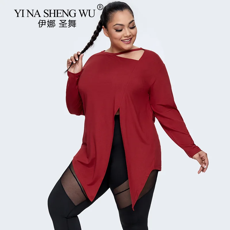 

New Style Spring Split Loose Sport Tops Women Long Sleeve Quick-Drying T-shirt Female Bow Tie Red Yoga Tees L-4XL Sportswear Top