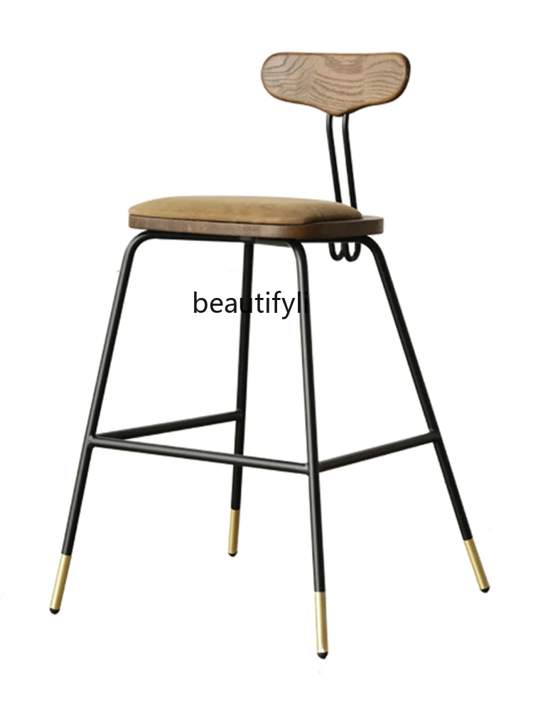 

Nordic Imported Oak Industrial Style Handmade Iron Brass Leather Solid Wood Backrest Bar Stool living room furniture