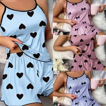 Women's Pajama Set Pajamas T-Shirts Shorts Pink Heart-Shaped Print Round Neck T-Shirt Ice Silk Top Comfortable Casual Summer ﻿ 2