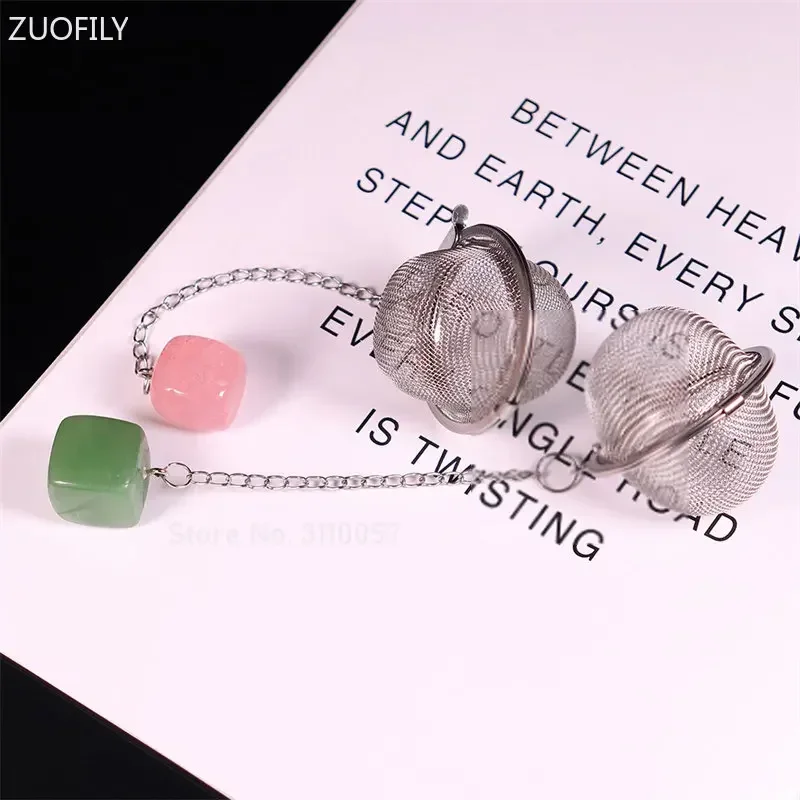 New Natural Crystal Square Stone 304 Stainless Steel Tea Infuser Mesh Filter with Chain Tea Strainer Teapot Spice Seasoning Ball
