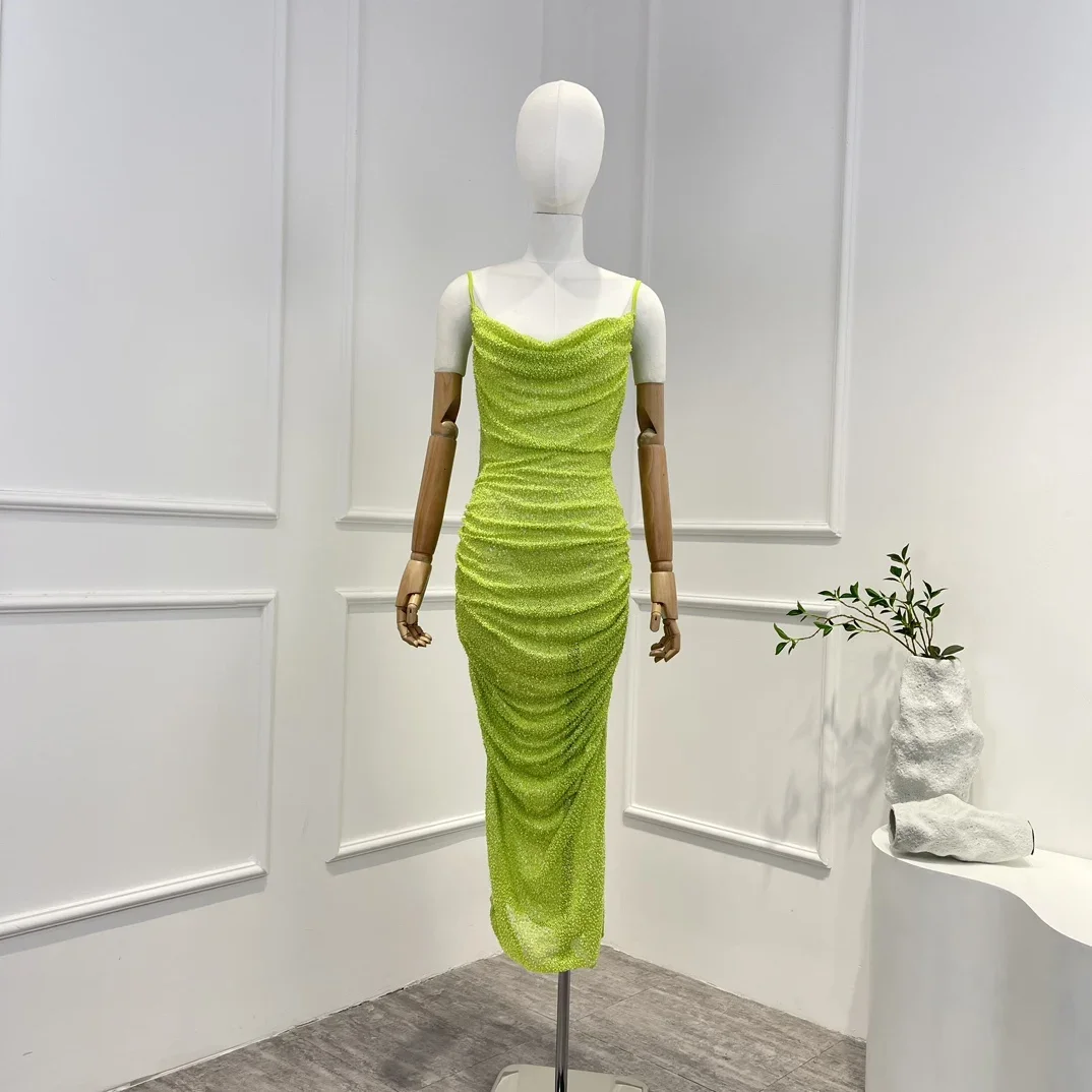 

Summer Green Rhinestone-studded Mesh Ruched Flattering Cowl Neckline Sleeveless Midi Sexy Dress Women Wear