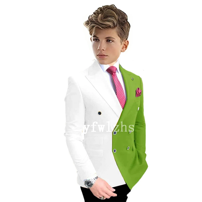 Color Block Boys Suit Jacket Pants 2 Piece Set Wedding Tuxedo Double Breasted Blazer Two Color Clothes for Kids
