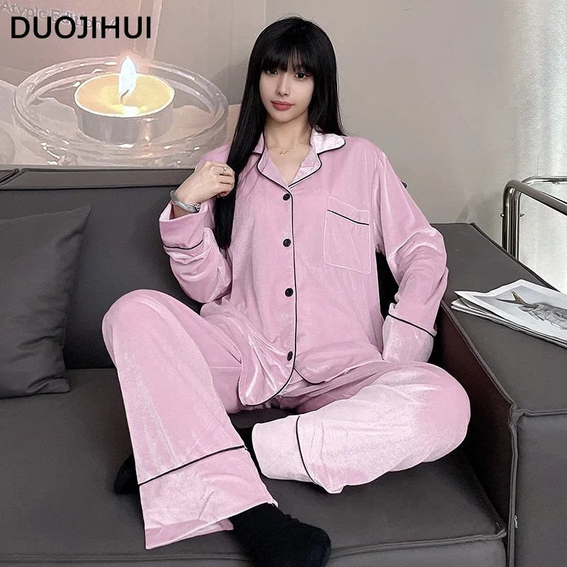 

DUOJIHUI Fashion Solid Color Casual Home Pajamas for Women Classic Button Cardigans Loose Pants Autumn Simple Female Pajamas Set