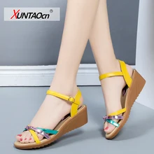 

2021 Moist Summer Elegant Ladies Dress High Heeled Shoes Women's Yellow Peep Toe Ankle Strap Wedges Party Sandals Size 35-40