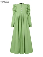 ZANZEA Women Elegant Maxi Dresses 2025 Modest Ruffles Trim Long Sleeve Pleated Long Robes Muslim Islamic Hijabis Eid Vestidos