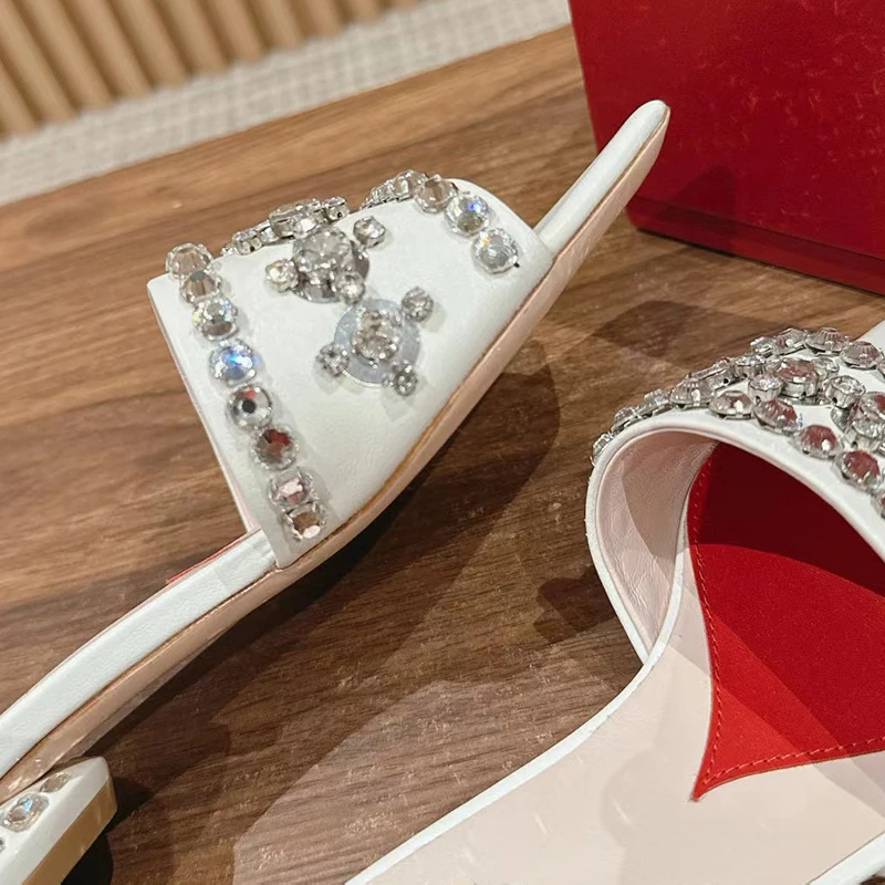 New Designer Luxury Women's Slippers Rhinestone Banquet Shoes Toe Leaking Square Toe Heel 2cm Outdoor Ladies Banquet Shoes
