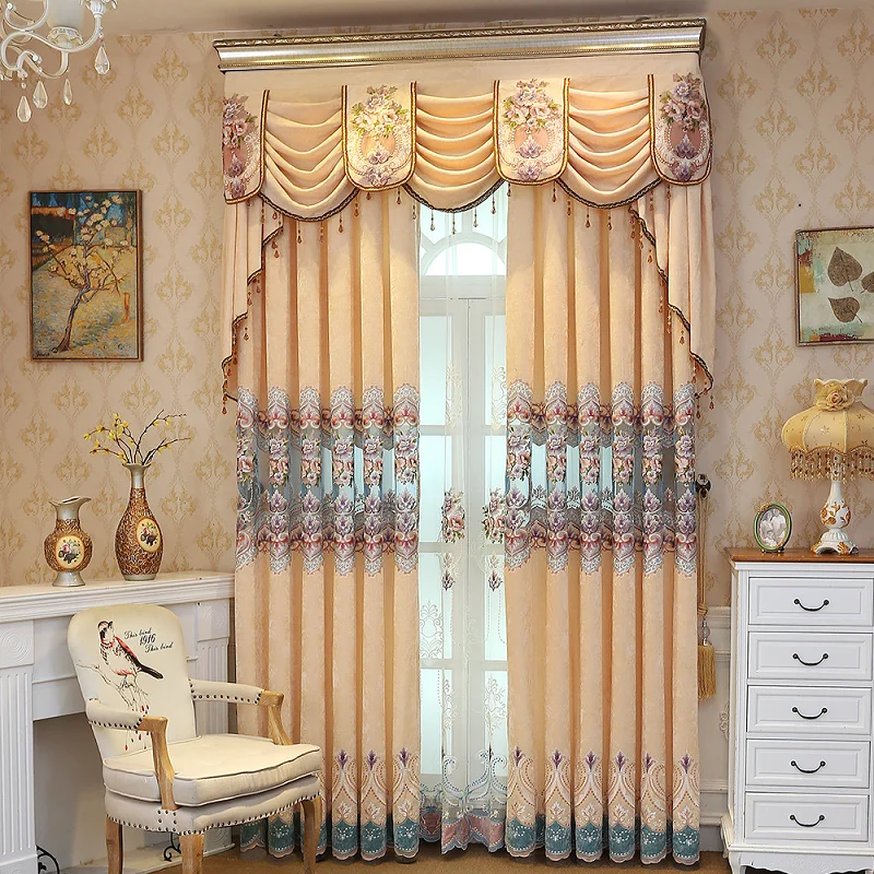 

Curtains for Living Dining Room Bedroom Chenille New European Style Embroidered Curtains Finished Product Customization Valance