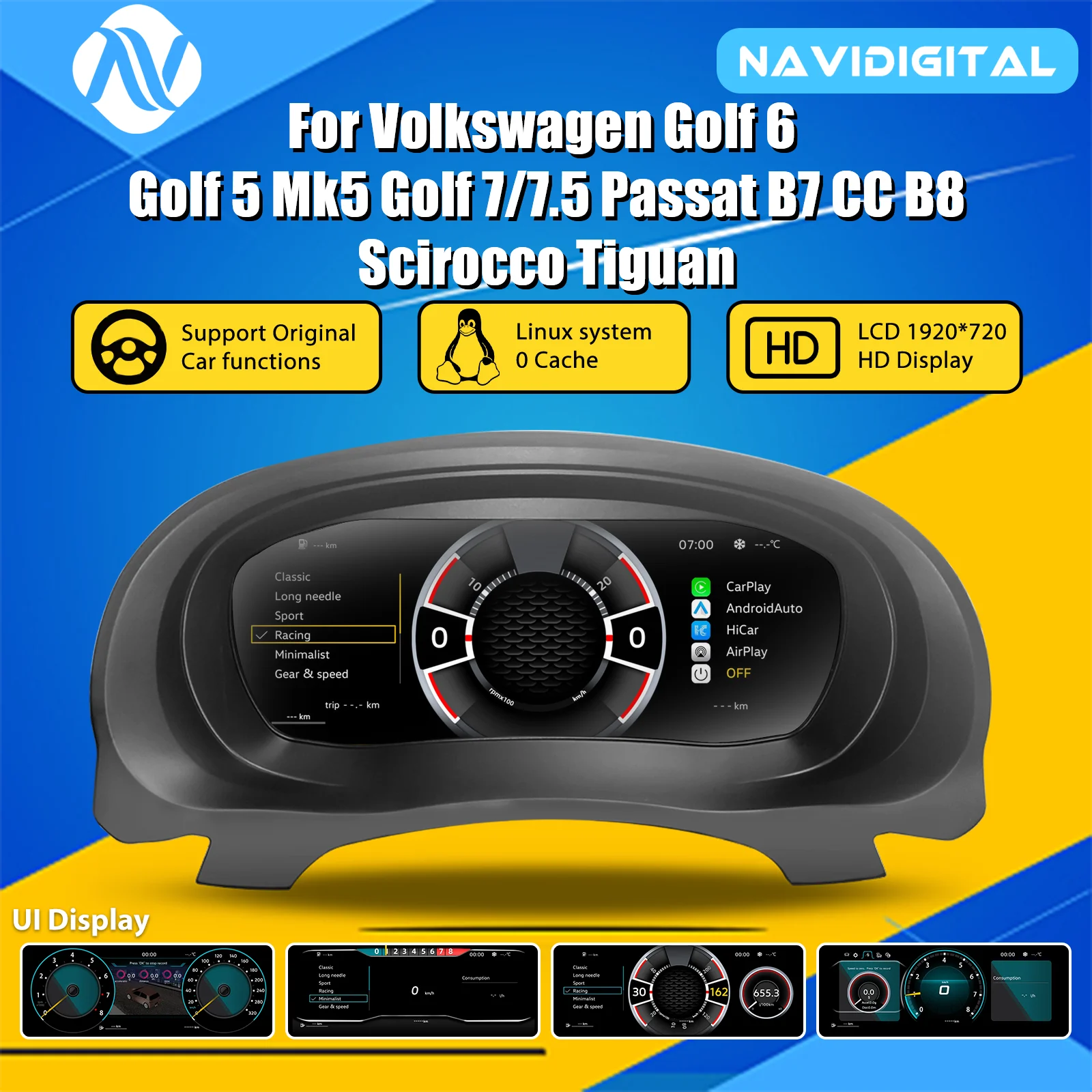 Panel de Instrumentos Digital LCD Linux 1920*720P para Volkswagen Scirocco, Tiguan, Seat León, Polo, Golf 5, Golf 6, Golf 7/7.5, MK5, MK6, MK7, Passat B6, B7, CC, B8, Cabina Virtual, Carplay Inalámbrico, Android Auto, GPS, Navegación, Velocímetro, Monitor, Reemplazo del Panel 1