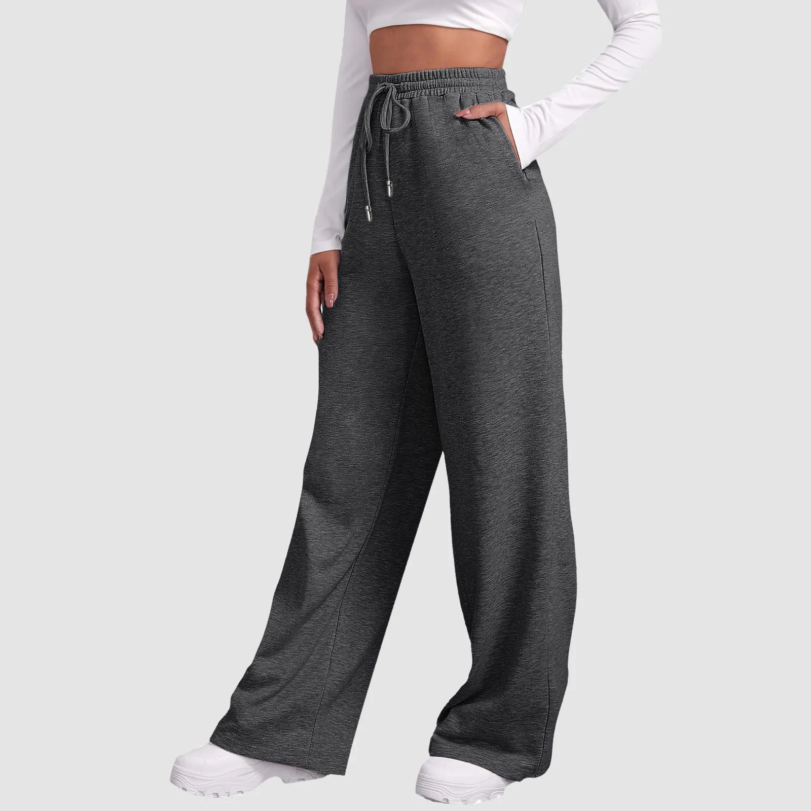 

2023 New Women's Solid Color Drawstring Pants Trousers Sport Fleece Joggers Straight Leg Oversized Sweatpants High Waist Pants