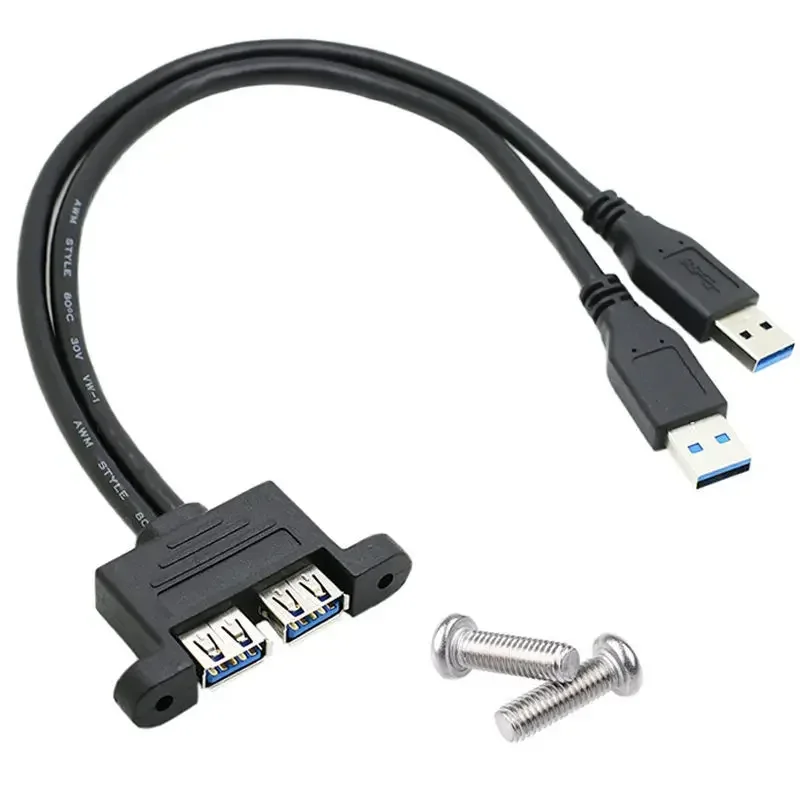 Dual USB Male to Female Twin Port Extension Cable with Panel Mounting and Screw Holes