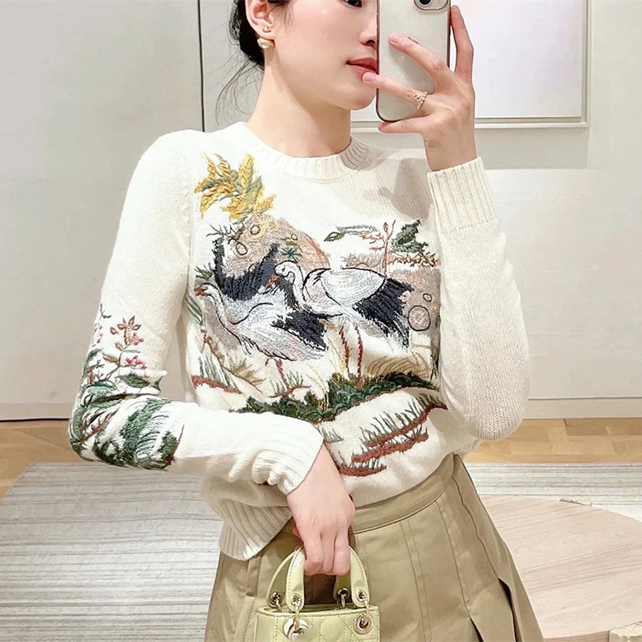 

Frence Designer Art Floral Crane Embroidery Sweaters for Women Slim Elegant Lady High Street Jumper Winter Basic Korean Pullover