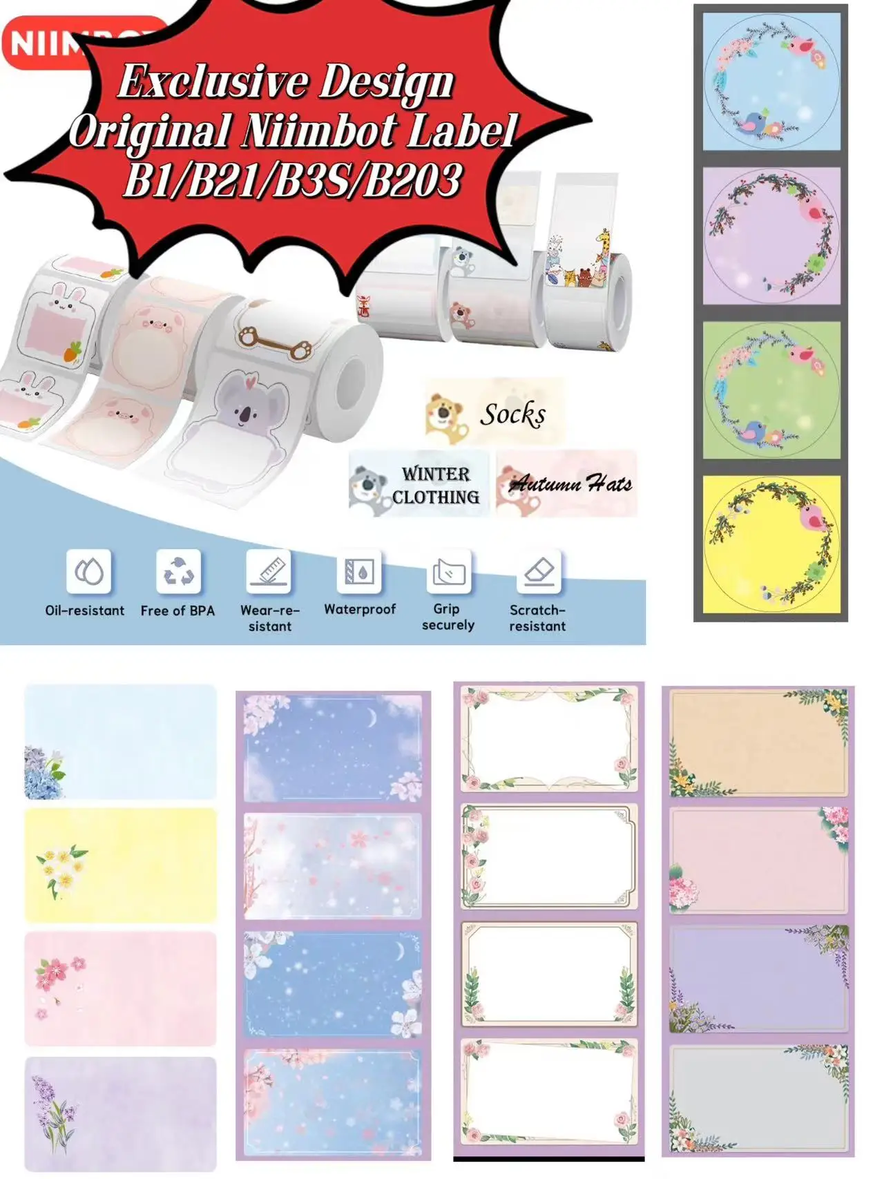 오리지널 Niimbot B21, B3S, B1, B203, 다채로운 라벨 스티커