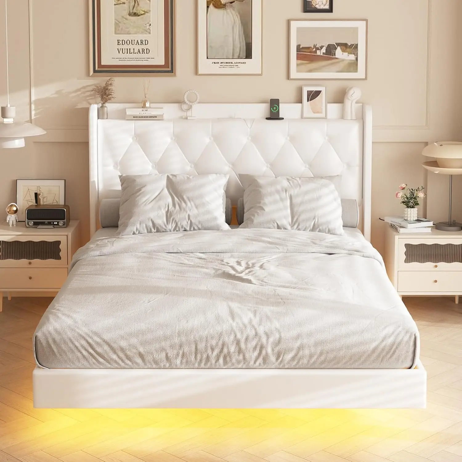 Full Size Floating Bed Frame with LED Lights, Upholstered PU Leather Platform Bed with Charging Station  Button Tufted Headboard 6