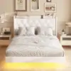 Full Size Floating Bed Frame with LED Lights, Upholstered PU Leather Platform Bed with Charging Station  Button Tufted Headboard 6