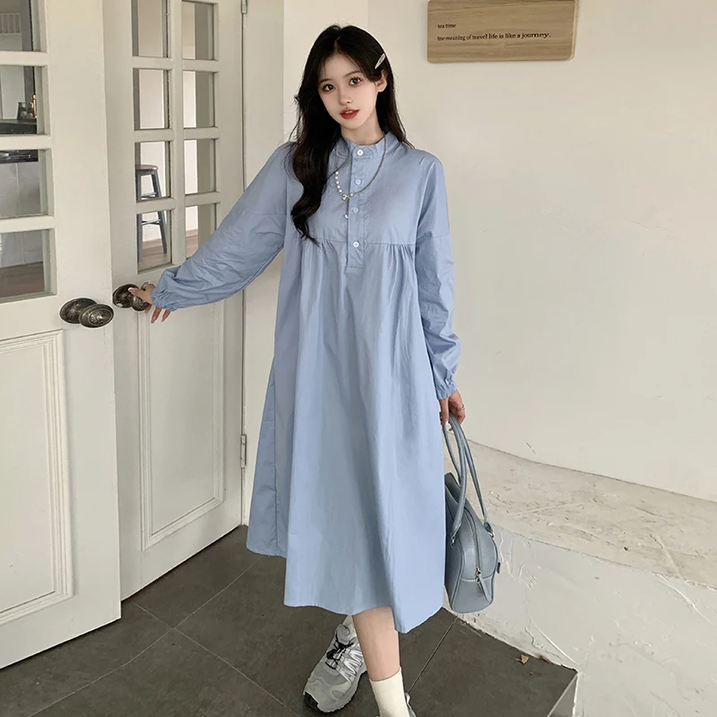 

2024 Spring Pregnant Women Cotton Dress Denim Blue Stand Collar High Waist Maternity X-Large Dress Preppy Style Pregnancy Dress