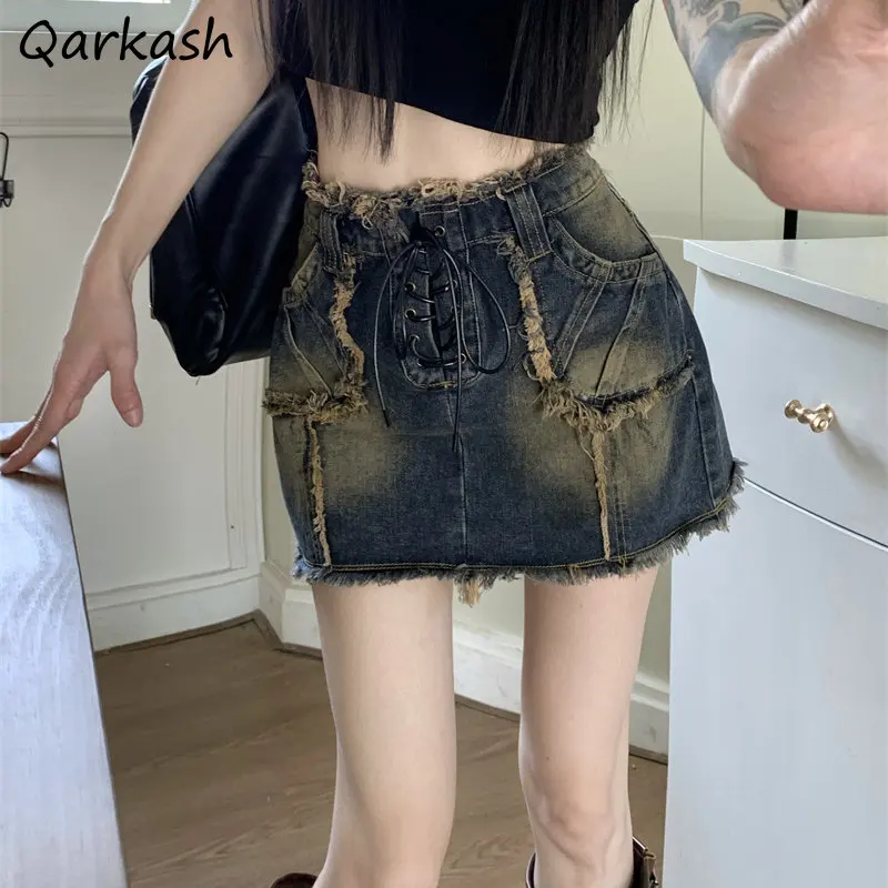 

Denim Blue Skirts Women Lace-up Mini Hotsweet Slim Fashion High Waist American Retro Chic A-line Summer Tender Mujer Streetwear