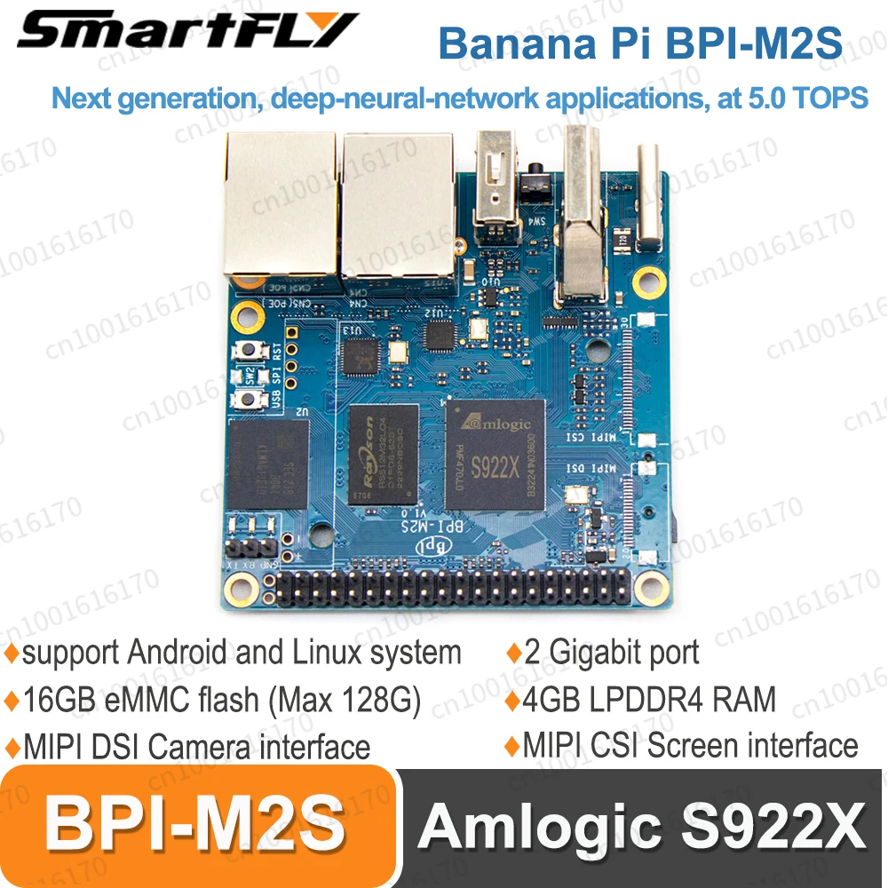 Banana Pi BPI-M2S SoC Amlogic S922X Hexa-core 4GB LPDDR4 RAM 16GB eMMC Video HDMI 2.1 4Kp60 5.0 TOPS OS Ubuntu Debian Android